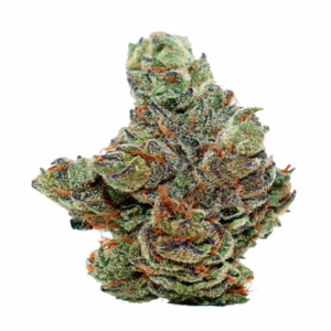 Zbliżenie na top marihuany Cannabis flos COSMA THC 20%, CBD ≤1%. Kwiat pokryty gęstą warstwą trichomów, w jasnych i ciemnozielonych odcieniach z pomarańczowymi włoskami. Widoczna krystaliczna struktura wskazująca na wysoką zawartość kannabinoidów i terpenów. Idealny do zastosowań medycznych.