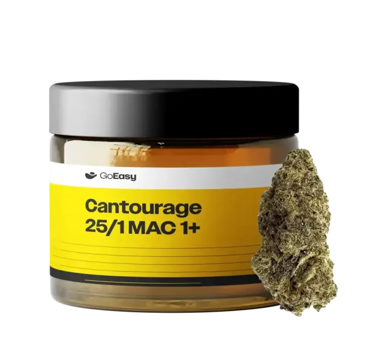 Cantourage 25/1 MAC 1+" zawierający medyczną marihuanę o wysokiej zawartości THC (25%) i niskiej CBD (≤1%), obok widoczny suszony kwiat marihuany w odcieniach zieleni i bursztynu, pokryty gęstą warstwą trichomów